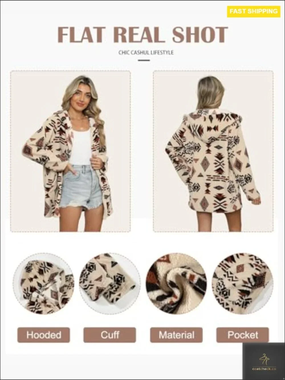 Aztec Print Fleece Hoodie Button Down Shacket Casual Sherpa Jacket with Pockets